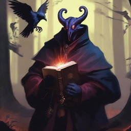 A male tiefling Warlock is depicted holding an ancient, magical book in one hand while a pet raven perches on his other arm