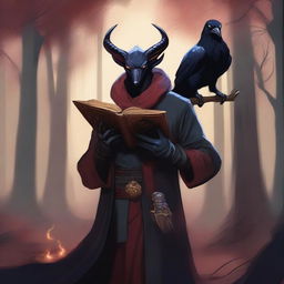 A male tiefling Warlock is depicted holding an ancient, magical book in one hand while a pet raven perches on his other arm