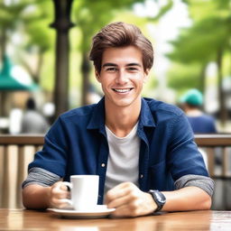 Create a full body image of a young man with brown hair, sitting at a table