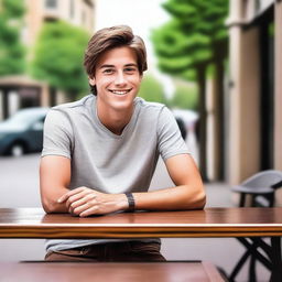 Create a full body image of a young man with brown hair, sitting at a table