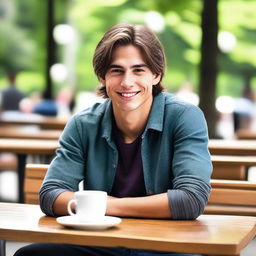 Create a full body image of a young man with brown hair, sitting at a table