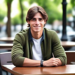 Create a full body image of a young man with brown hair, sitting at a table