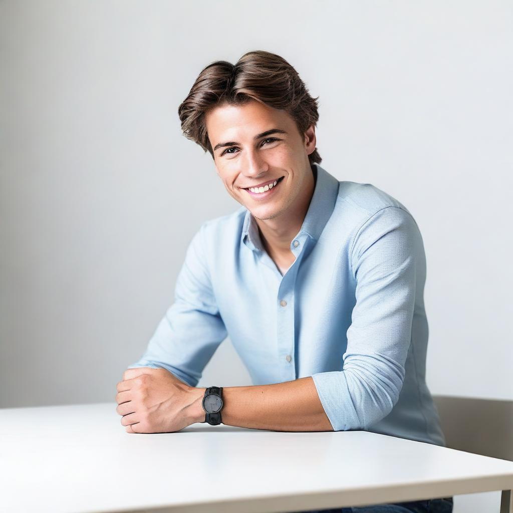 Create a full body image of a young man with brown hair, sitting at a table with a white background