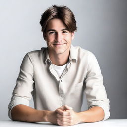 Create a full body image of a young man with brown hair, sitting at a table with a white background