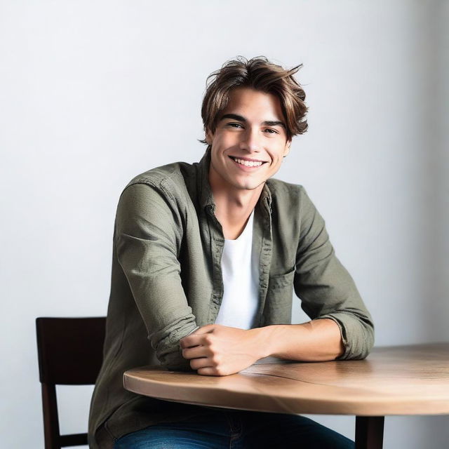 Create a full body image of a young man with brown hair, sitting at a table with a white background