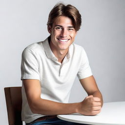 Create a full body image of a young man with brown hair, sitting at a table with a white background