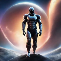 Create a detailed cover image featuring a man in a futuristic nanosuit standing heroically with a distant planet in the background