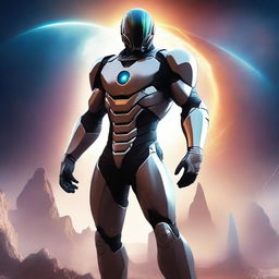 Create a detailed cover image featuring a man in a futuristic nanosuit standing heroically with a distant planet in the background