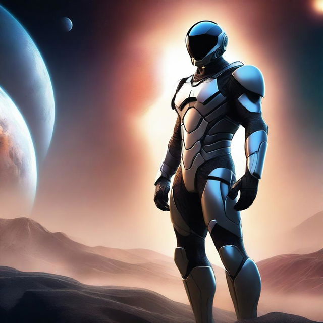 Create a detailed cover image featuring a man in a futuristic nanosuit standing heroically with a distant planet in the background