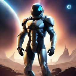 Create a detailed cover image featuring a man in a futuristic nanosuit standing heroically with a distant planet in the background