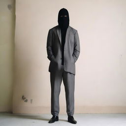 A full-body image of a man with white skin wearing a black mask