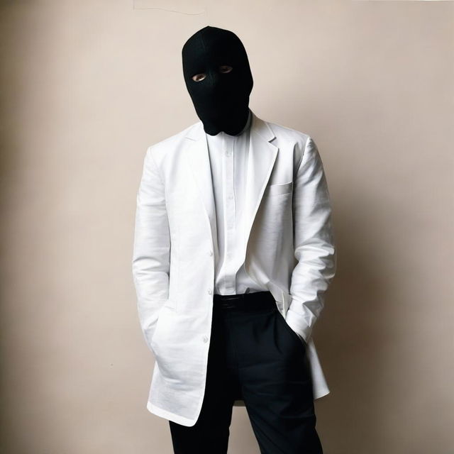 A full-body image of a man with white skin wearing a black mask