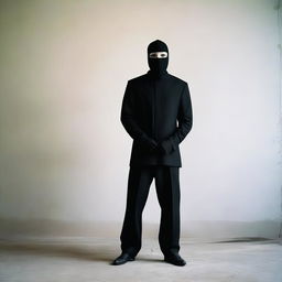 A full-body image of a man with white skin wearing a black mask