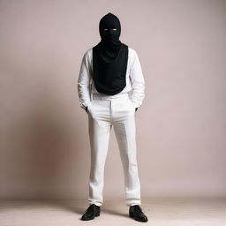 A full-body image of a man with white skin wearing a black mask