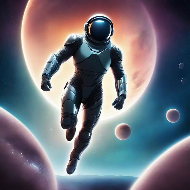 Create a book cover featuring a man in a futuristic nanosuit floating in space with a beautiful, distant planet in the background