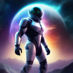 Create a book cover featuring a man in a futuristic nanosuit floating in space with a beautiful, distant planet in the background