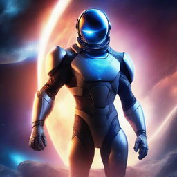 Create a book cover featuring a man in a futuristic nanosuit floating in space with a beautiful, distant planet in the background