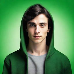 A young man with strikingly symmetrical features and smooth skin stands against a solid green background