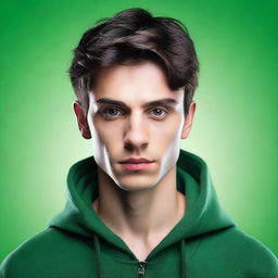 A young man with strikingly symmetrical features and smooth skin stands against a solid green background