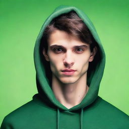 A young man with strikingly symmetrical features and smooth skin stands against a solid green background