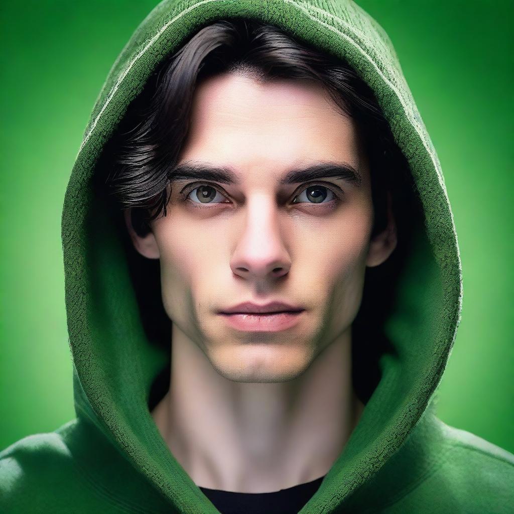 A young man with strikingly symmetrical features and smooth skin stands against a solid green background