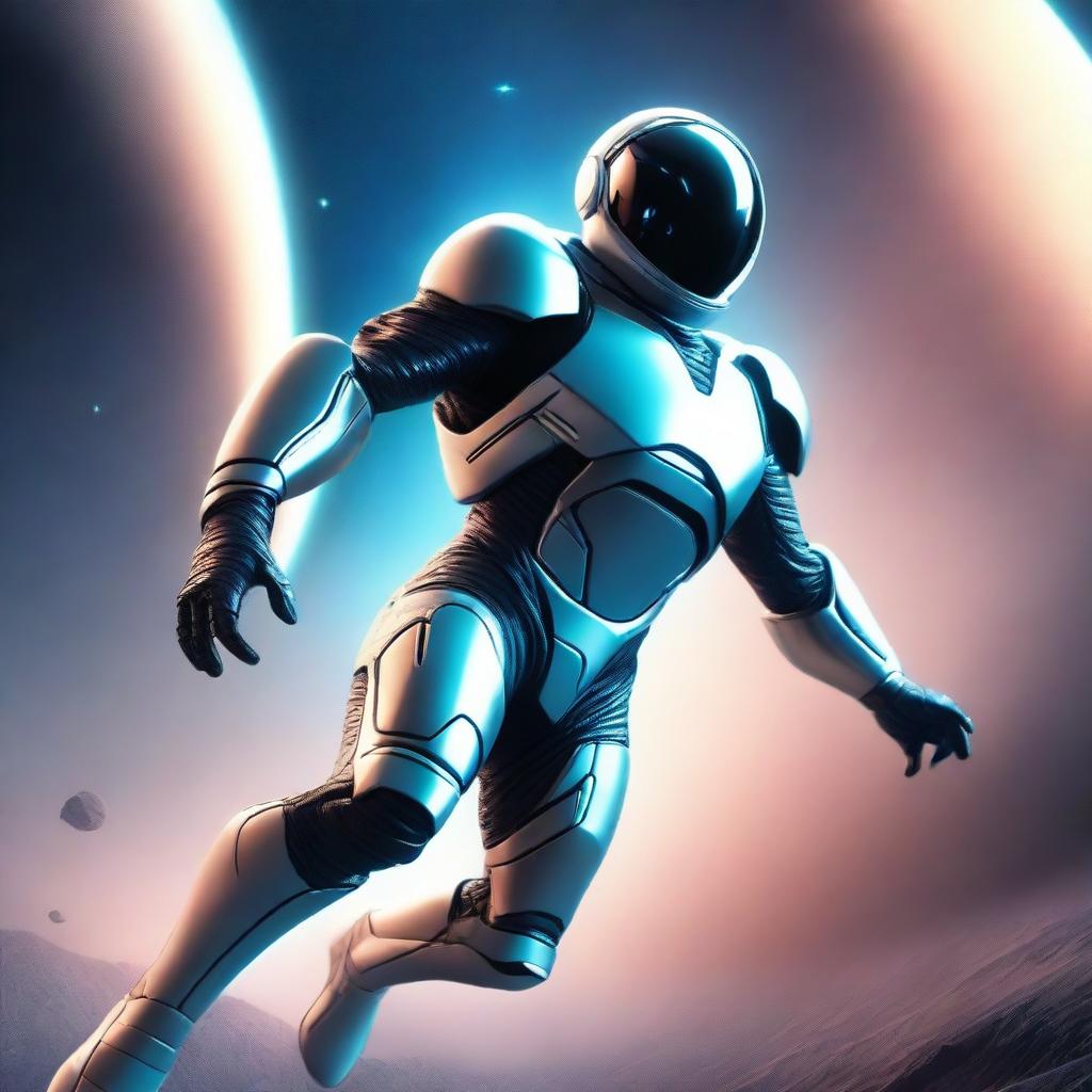 Create a book cover featuring a man flying in a futuristic nanosuit in the vastness of space, with a stunning planet visible in the background