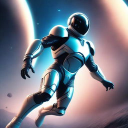 Create a book cover featuring a man flying in a futuristic nanosuit in the vastness of space, with a stunning planet visible in the background