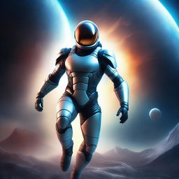 Create a book cover featuring a man flying in a futuristic nanosuit in the vastness of space, with a stunning planet visible in the background