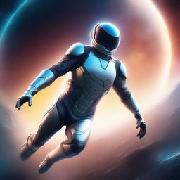 Create a book cover featuring a man flying in a futuristic nanosuit in the vastness of space, with a stunning planet visible in the background