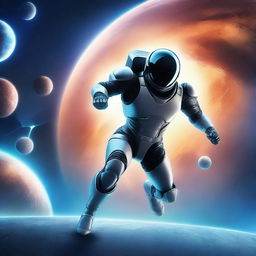 Create a book cover featuring a man flying in a futuristic nanosuit in the vastness of space, with a stunning planet visible in the background