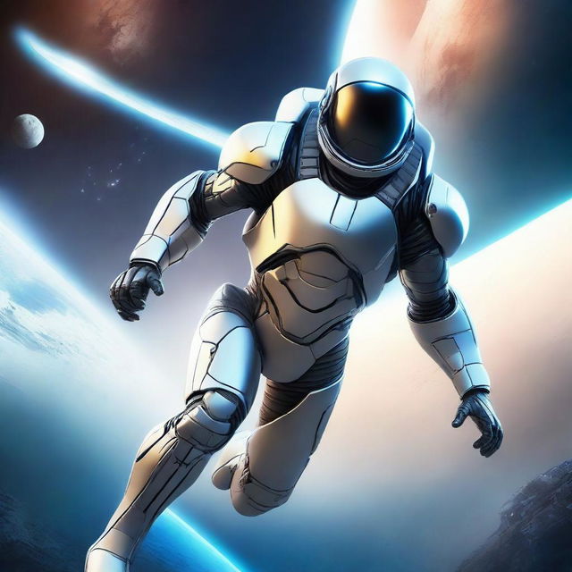 Create a realistic book cover featuring a man flying in a highly detailed, futuristic nanosuit in the vastness of space