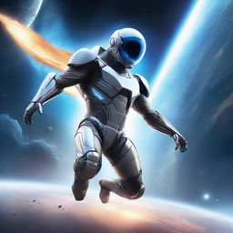 Create a realistic book cover featuring a man flying in a highly detailed, futuristic nanosuit in the vastness of space