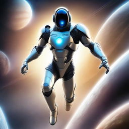 Create a realistic book cover featuring a man flying in a highly detailed, futuristic nanosuit in the vastness of space