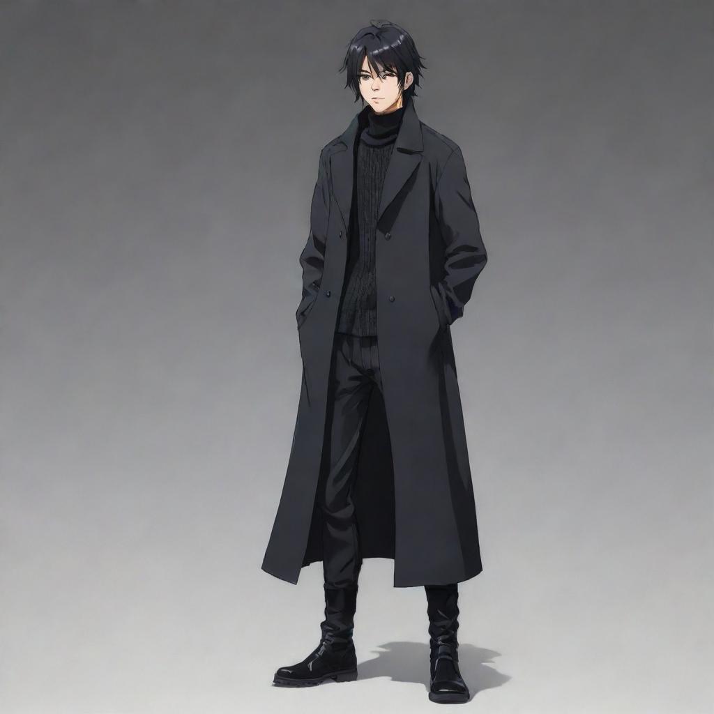 Full body image of a masculine anime boy with a short mullet hairstyle, wearing a black long coat, black sweater, and long boots. This character has a distinctly Japanese animation style.