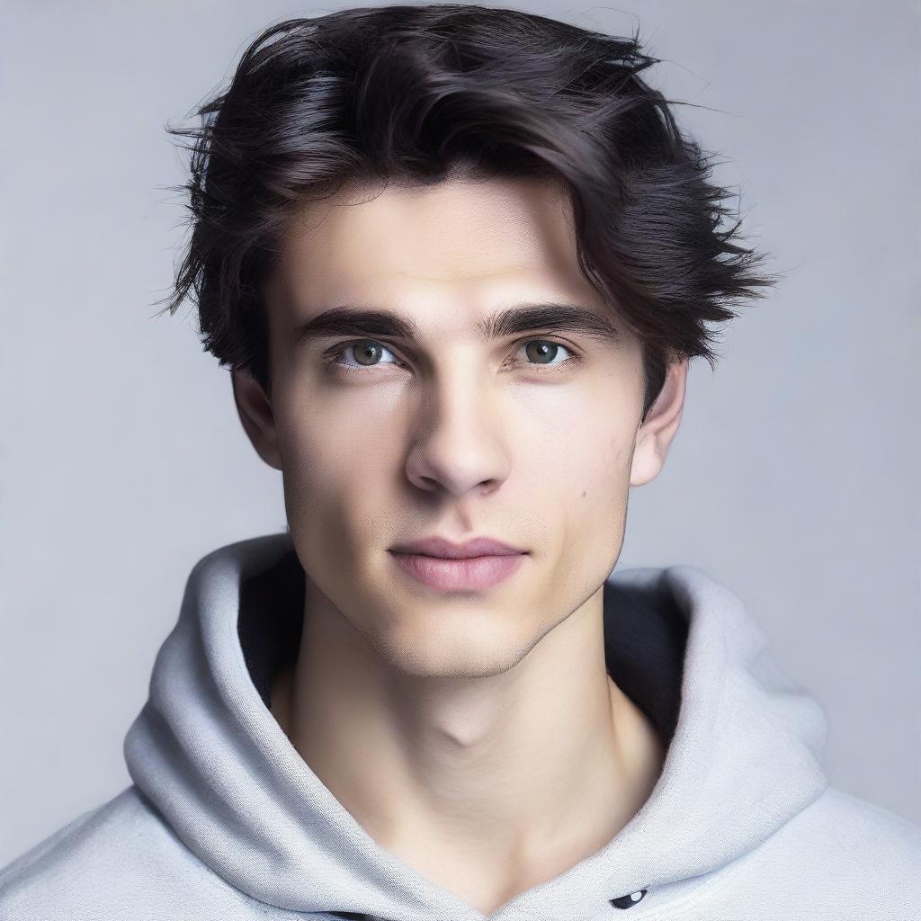 A young man with strikingly symmetrical features and smooth skin stands against a solid white background