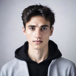 A young man with strikingly symmetrical features and smooth skin stands against a solid white background