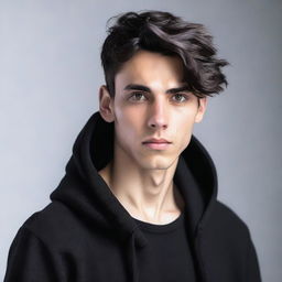 A young man with strikingly symmetrical features and smooth skin stands against a solid white background