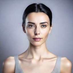 A full face image of a person with strikingly symmetrical features and smooth skin