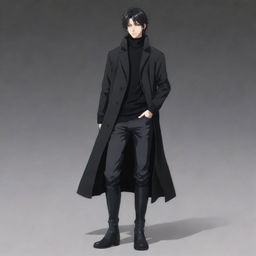 Full body image of a masculine anime boy with a short mullet hairstyle, wearing a black long coat, black sweater, and long boots. This character has a distinctly Japanese animation style.