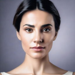 A full face image of a person with strikingly symmetrical features and smooth skin