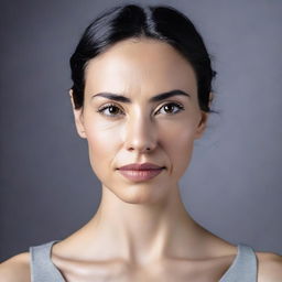 A full face image of a person with strikingly symmetrical features and smooth skin