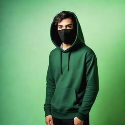 A full-body image of a young man with strikingly symmetrical features and smooth skin, standing against a solid green background