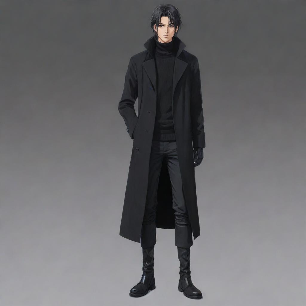 Full body image of a masculine anime boy with a short mullet hairstyle, wearing a black long coat, black sweater, and long boots. This character has a distinctly Japanese animation style.