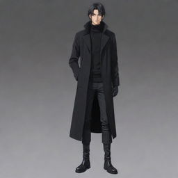 Full body image of a masculine anime boy with a short mullet hairstyle, wearing a black long coat, black sweater, and long boots. This character has a distinctly Japanese animation style.