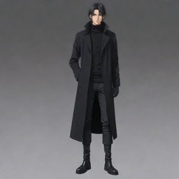 Full body image of a masculine anime boy with a short mullet hairstyle, wearing a black long coat, black sweater, and long boots. This character has a distinctly Japanese animation style.