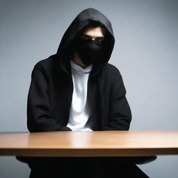 A full-body image of a young man with strikingly symmetrical features and smooth skin, sitting at a table