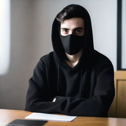 A full-body image of a young man with strikingly symmetrical features and smooth skin, sitting at a table