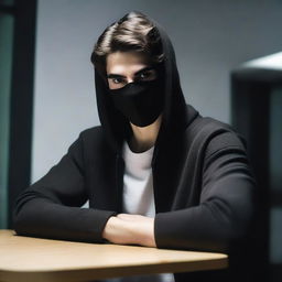 A full-body image of a young man with strikingly symmetrical features and smooth skin, sitting at a table