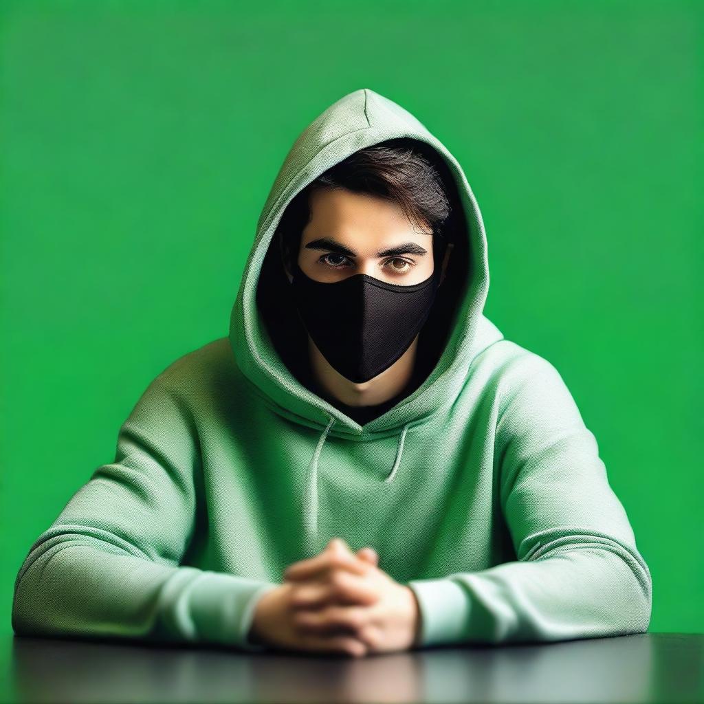 A full-body image of a young man with strikingly symmetrical features and smooth skin, sitting at a table against a solid green background