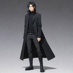 Full body image of a masculine anime boy with a short mullet hairstyle, wearing a black long coat, black sweater, and long boots. This character has a distinctly Japanese animation style.